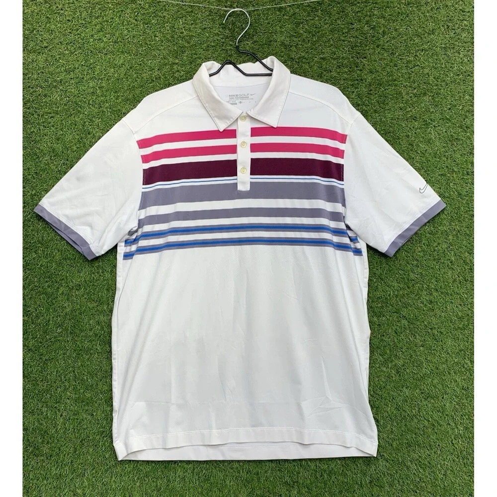 Tiger Woods Nike Polo Shirt Mens Large Striped Purple Golf Outdoor Beach Comfort